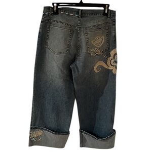 Vera  size 8 wide leg cropped jeans with cuff turquoise & seed bead embellished